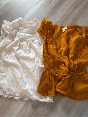 J. Crew White Eyelet Top & Mustard Pom-Pom Detail Top